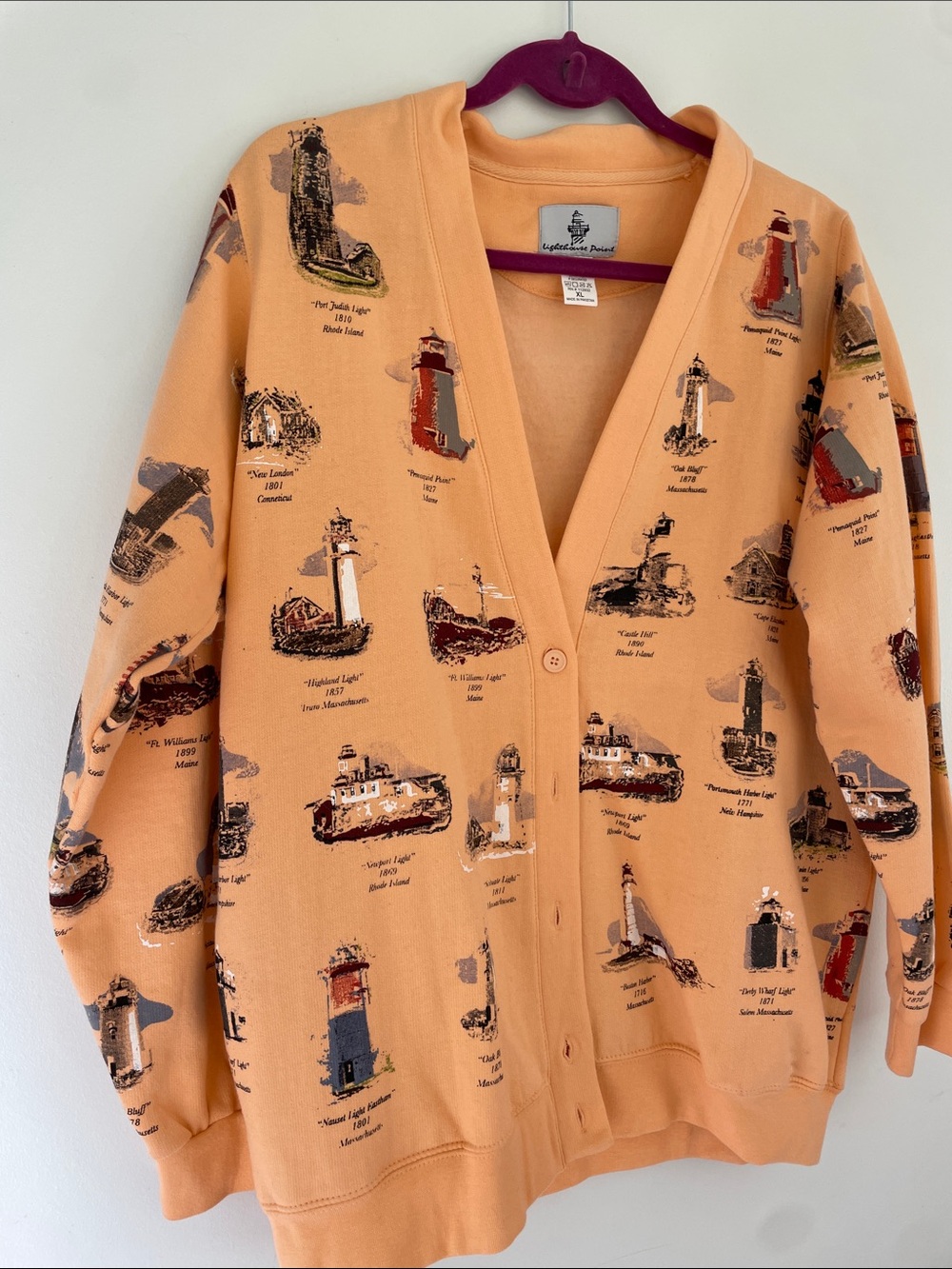 Lighthouse Point Peach Lighthouse Print V-Neck Cardigan Sweater XL - Picture 5 of 6